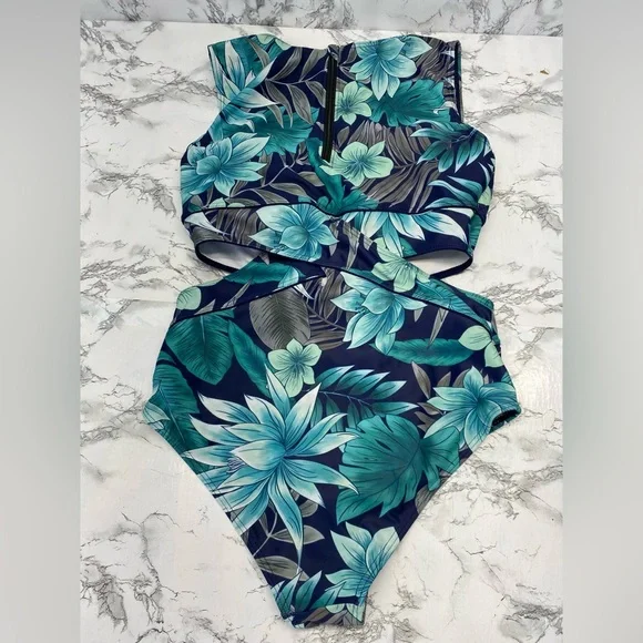 Floral Tropical Green One-Piece Swimsuit side cutouts Size Large - Picture 8 of 11